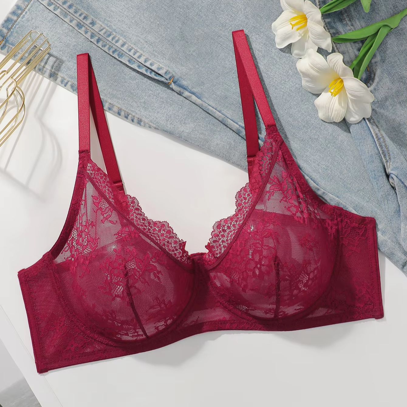 Women Plus Size Red Lace Sheer - Sheer Mesh Bra ulasan dan harga